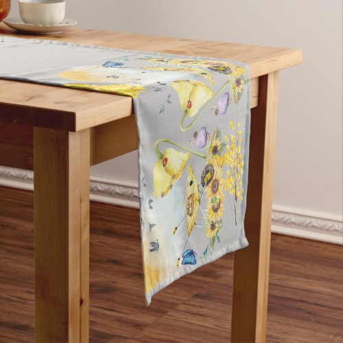 Cute Watercolor Cottagecore Yellow on grey  Medium Table Runner