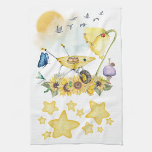 Cute Watercolor Cottagecore Yellow on white   Kitchen Towel