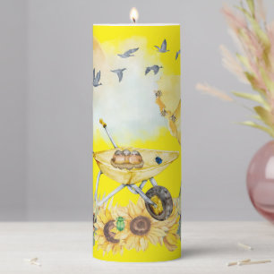 Cute Watercolor Cottagecore Yellow on yellow Pillar Candle