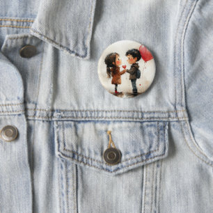 Cute Watercolor Couple Heart Balloon Romantic Love Button