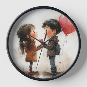 Cute Watercolor Couple Heart Balloon Romantic Love Clock