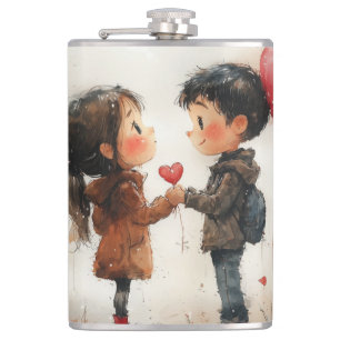 Cute Watercolor Couple Heart Balloon Romantic Love Flask