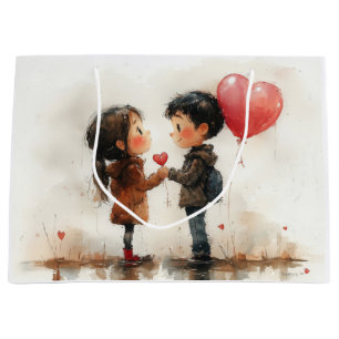 Cute Watercolor Couple Heart Balloon Romantic Love Large Gift Bag