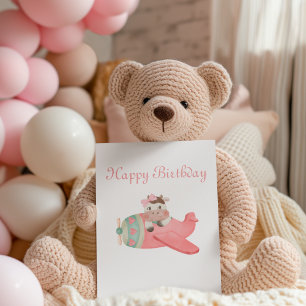 Cute Watercolor Cow & Airplane Whimsical Birthday Holiday Card