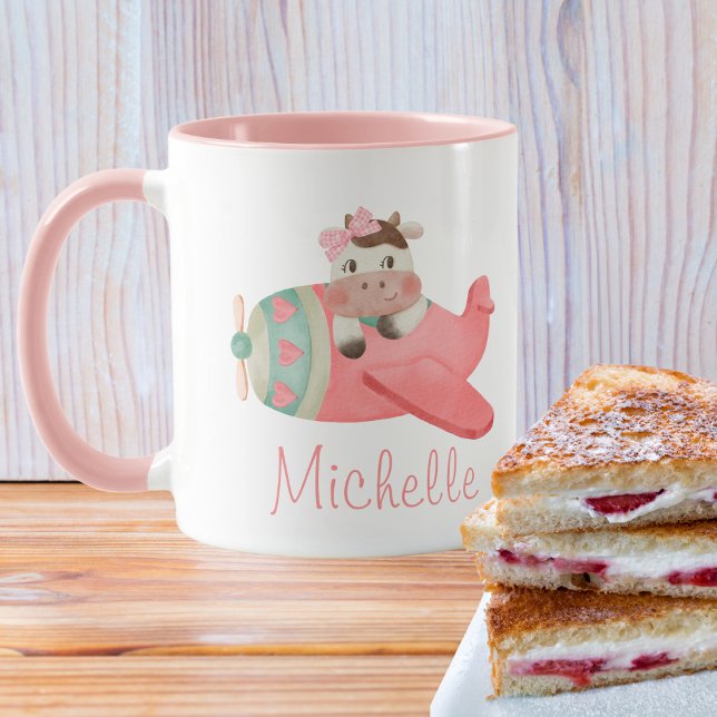 Cute Watercolor Cow in Red Airplane, Personalized Mug (Creator Uploaded)