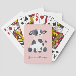 Cute watercolor cow pink personalized poker cards