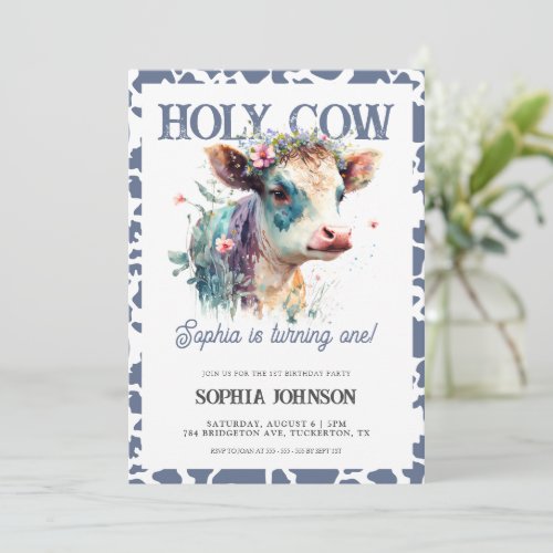 Cute Watercolor Cow  Wildflowers Girl Birthday Invitation