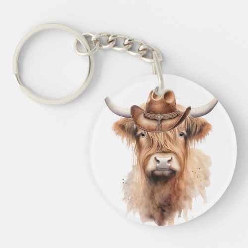 cute watercolor cow with a hat keychain