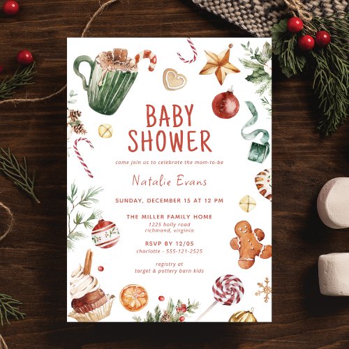 Cute Watercolor  Cozy Christmas Theme Baby Shower Invitation