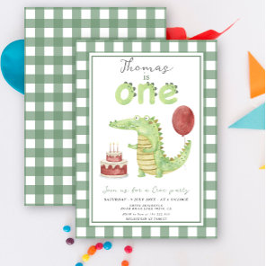 Cute Watercolor Crocodile First Birthday Invitation