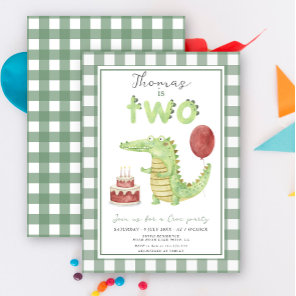Cute Watercolor Crocodile Two Birthday Party Invitation