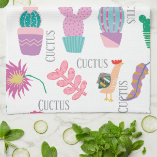 Cute watercolor cuctus and text cartoon Pink white Kitchen Towel