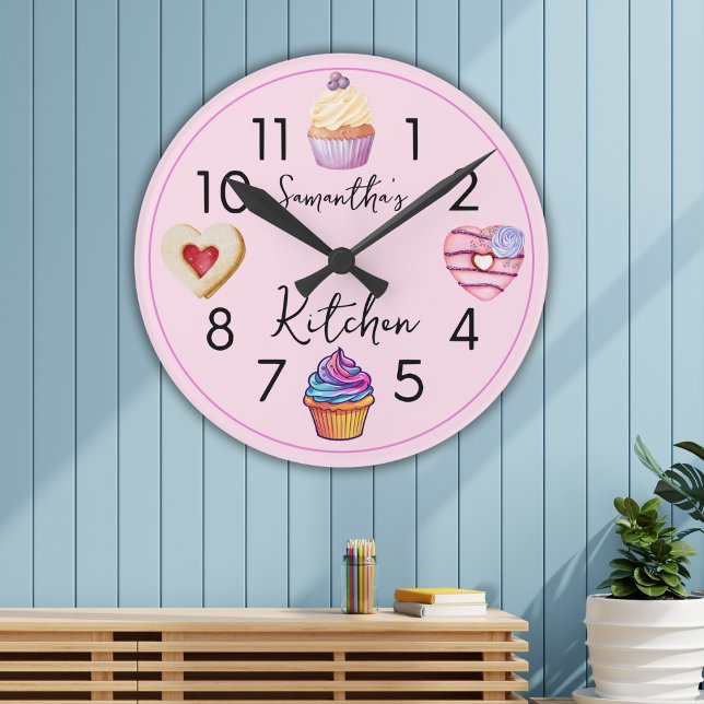 Cute Watercolor Cupcake Personalized Pink Kitchen Round Clock (Creator Uploaded)
