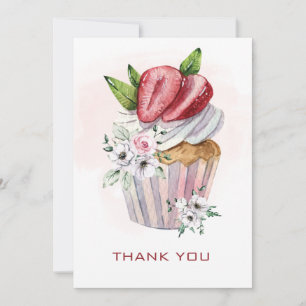 Cute watercolor cupcake, strawberry, floral thanks invitation