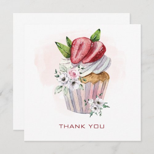 Cute watercolor cupcake strawberry floral thanks thank you card