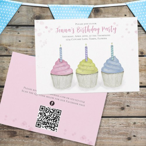 Cute Watercolor Cupcakes QR Code Social Media  Invitation