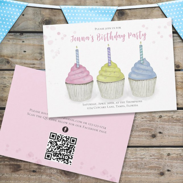 Cute Watercolor Cupcakes QR Code Social Media Invitation (Creator Uploaded)