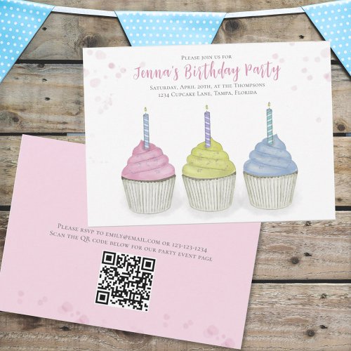 Cute Watercolor Cupcakes Whimsical Party QR Code  Invitation