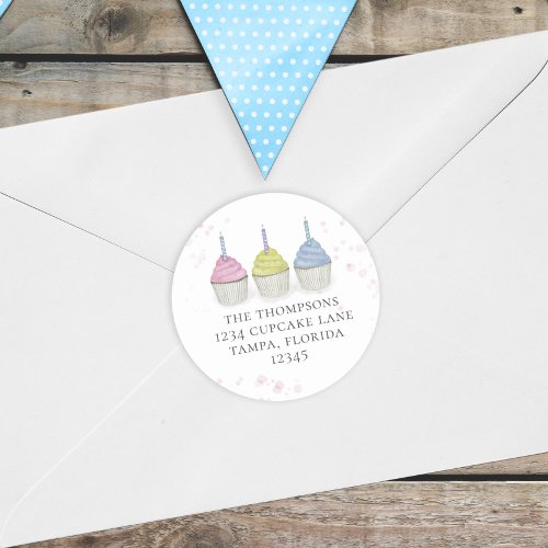 Cute Watercolor Cupcakes Whimsical Return Address Classic Round Sticker
