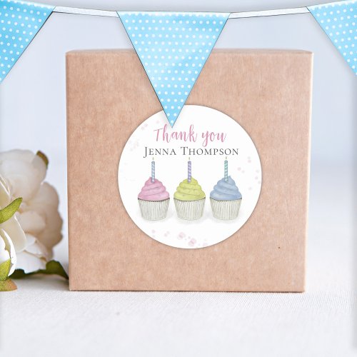 Cute Watercolor Cupcakes Whimsical Thank You Classic Round Sticker
