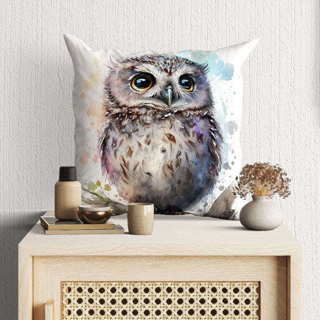 Cute Watercolor Cute Owl Woodland Throw Pillow (Creator Uploaded)