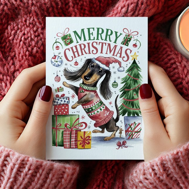 Cute Watercolor Dachshund Christmas Card (Cute Watercolor Dachshund Christmas Card)