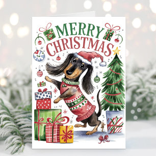 Cute Watercolor Dachshund Christmas Card