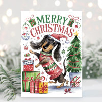 Cute Watercolor Dachshund Christmas Card