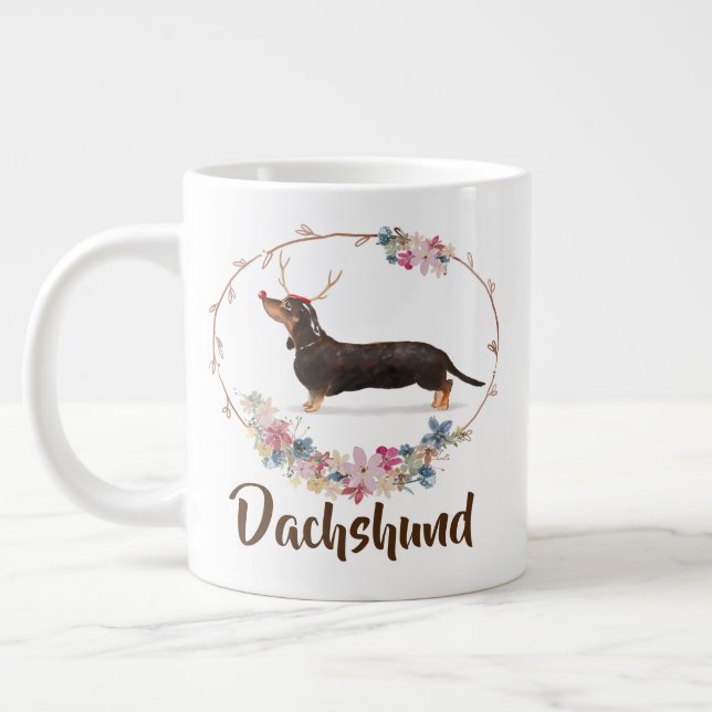Cute Watercolor Dachshund Floral Christmas Giant Coffee Mug (Left)