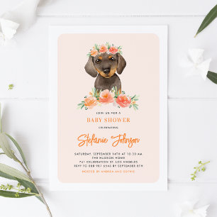 Cute Watercolor Dachshund Peach Floral Baby Shower Invitation
