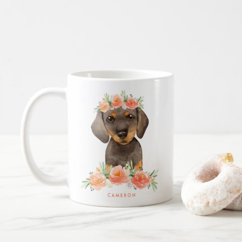 Cute Watercolor Dachshund Peach Floral Coffee Mug