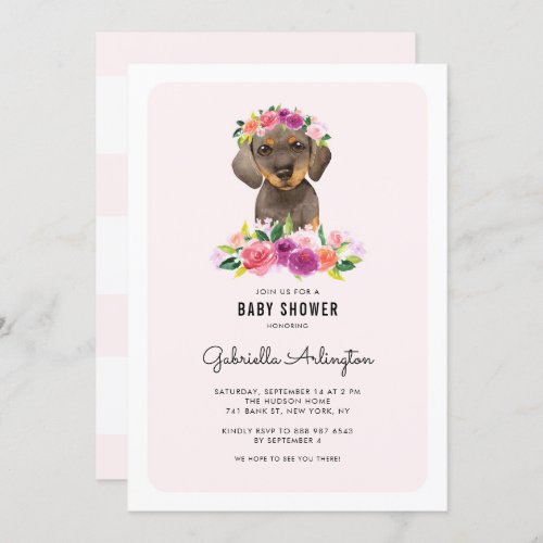 Cute Watercolor Dachshund Pink Floral Baby Shower Invitation