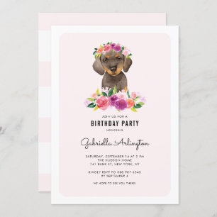 Cute Watercolor Dachshund Pink Floral Birthday Invitation