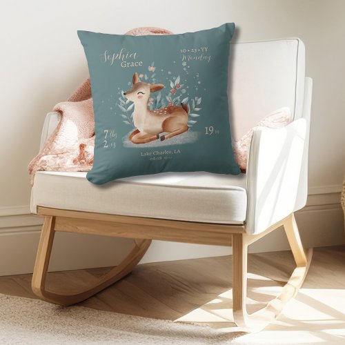Cute Watercolor Deer Baby Birth Stats  Throw Pillow