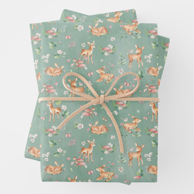 Cute Watercolor Deer Pattern Wrapping Paper Sheets (In situ)