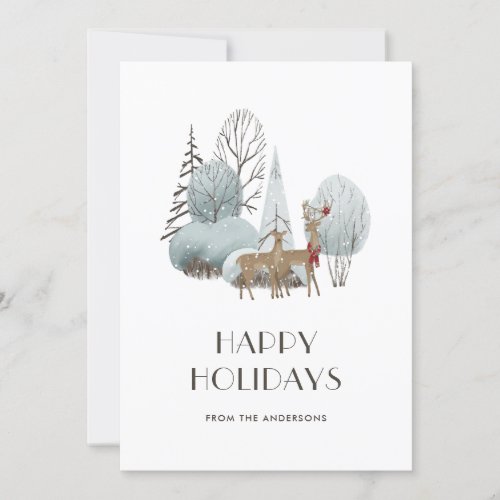 Cute Watercolor Deer Snowy Winter Scene Holiday Card
