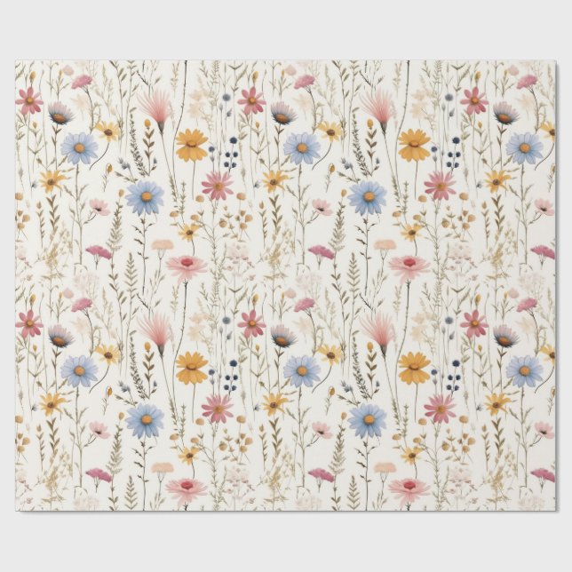 Cute Watercolor Delicate Flowers Foliage Pattern Wrapping Paper (Flat)