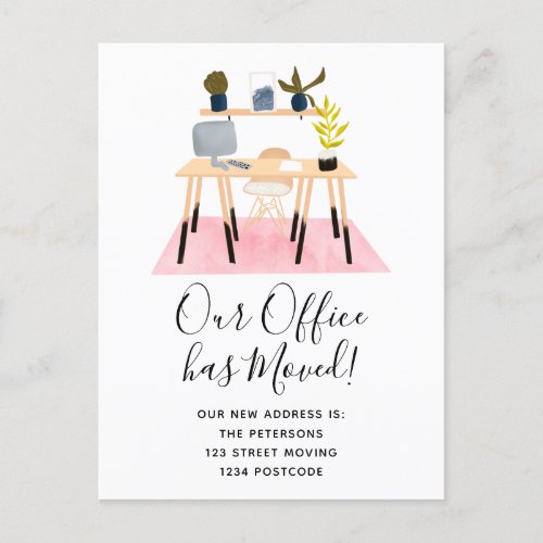 Cute watercolor desk illustration office moving announcement postcard