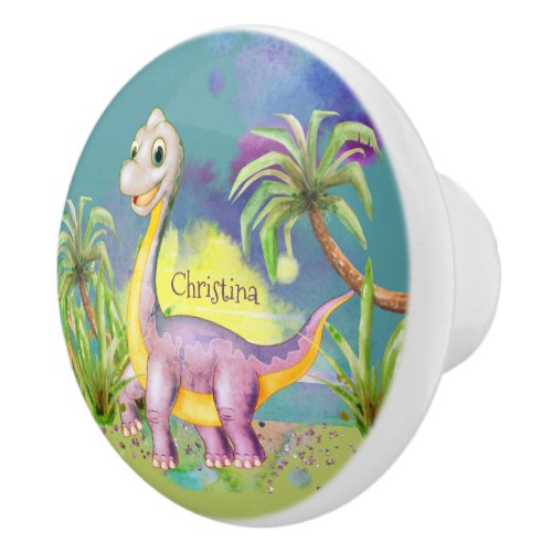 Cute watercolor dino garden faux glitter nursery  ceramic knob