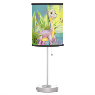 Cute watercolor dino garden faux glitter nursery table lamp