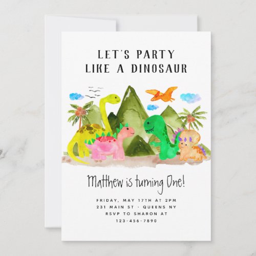 Cute Watercolor Dino Mountain Dinosaur Birthday Invitation
