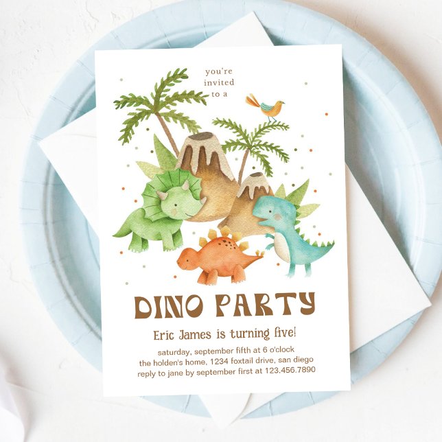 Cute Watercolor Dino & Volcano Birthday Party Boy Invitation (Creator Uploaded)