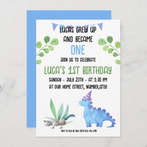 Cute watercolor Dinosaur 1st Birthday Invitation