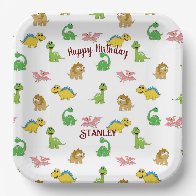Cute Watercolor Dinosaur Animal Pattern Birthday Paper Plates (Front)