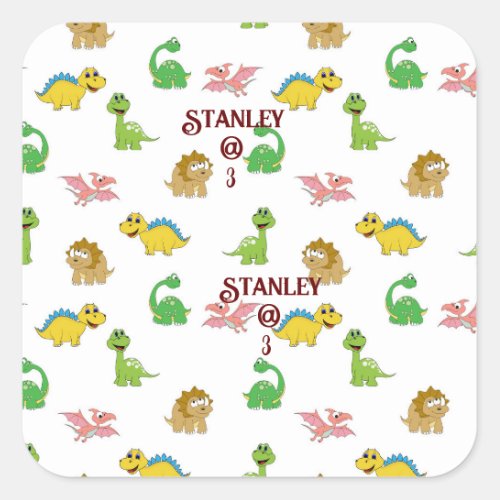 Cute Watercolor Dinosaur Animal Pattern Birthday Square Sticker