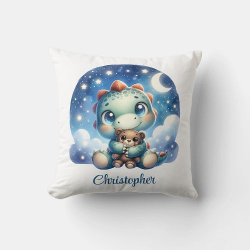Cute watercolor dinosaur at starry nigh Baby gift Throw Pillow