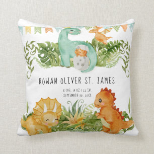 Cute Watercolor Dinosaur Baby Nursery Birth Stats Throw Pillow