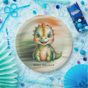 Cute Watercolor Dinosaur Baby Shower Paper Plates