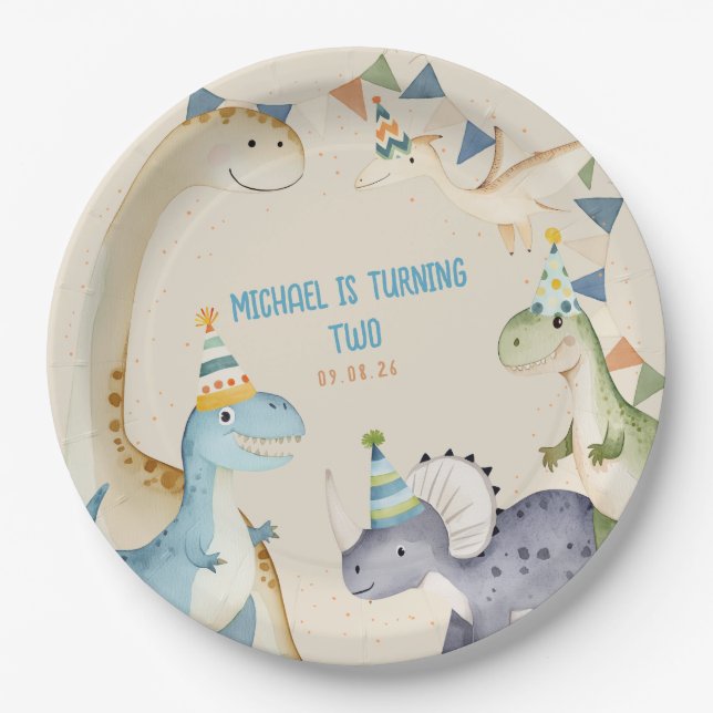Cute watercolor dinosaur, Beige Dinomite party Paper Plates (Front)