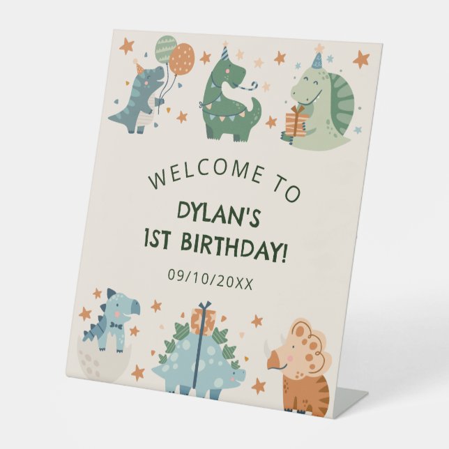 Cute Watercolor Dinosaur Birthday Party Welcome  Pedestal Sign (Front)